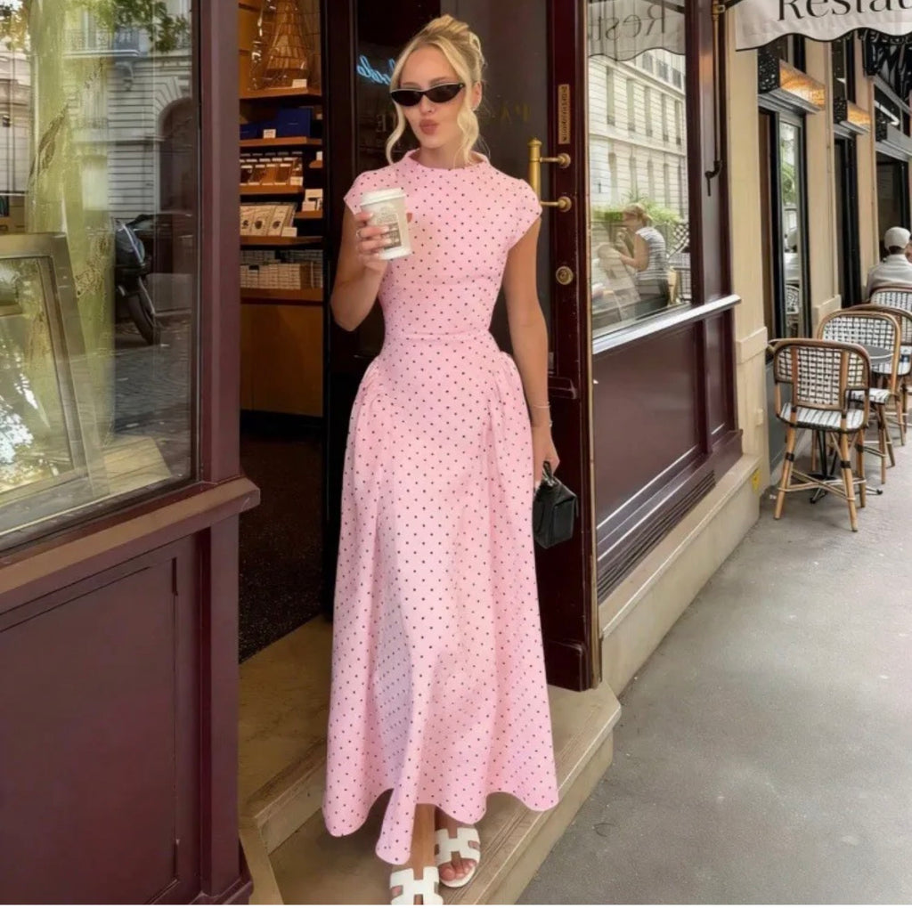 Polka Dot Maxi Dress with Defined Waist