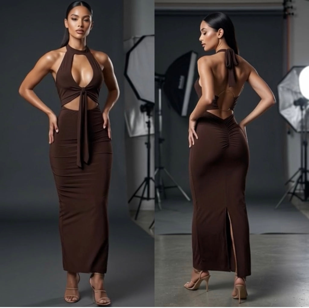 Chocolate Brown Halter Maxi Dress with Open Back & Ruched Butt-Lifting Detail