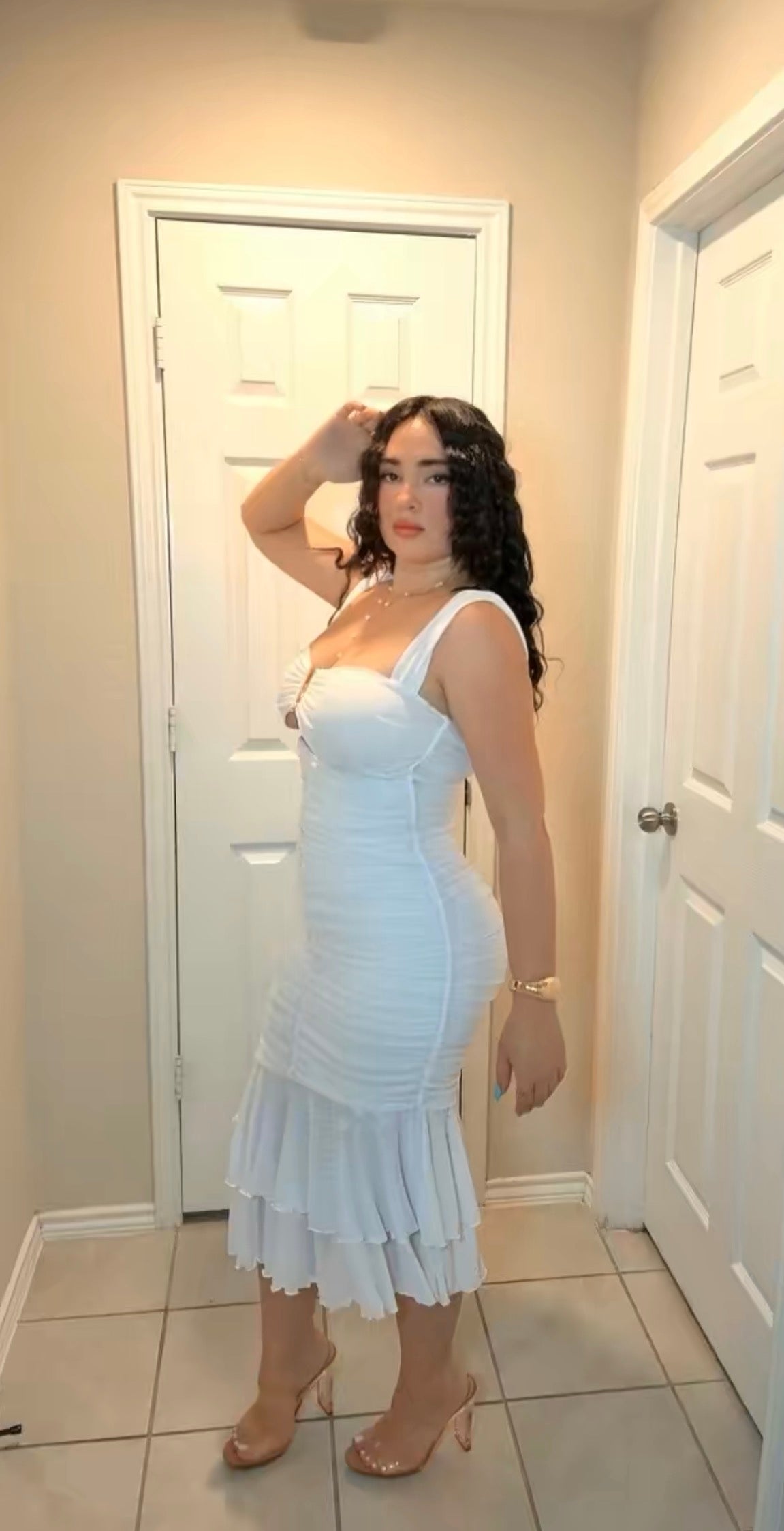 White Ruched Midi Dress with Sweetheart Neckline & Gold Hardware Detail