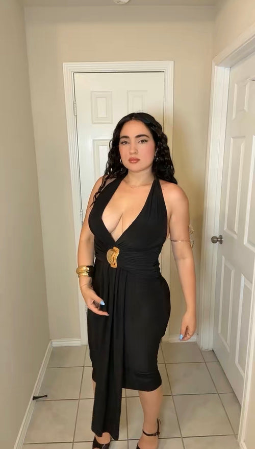 Black Halter Maxi Dress with Open Back & Gold Hardware Detail