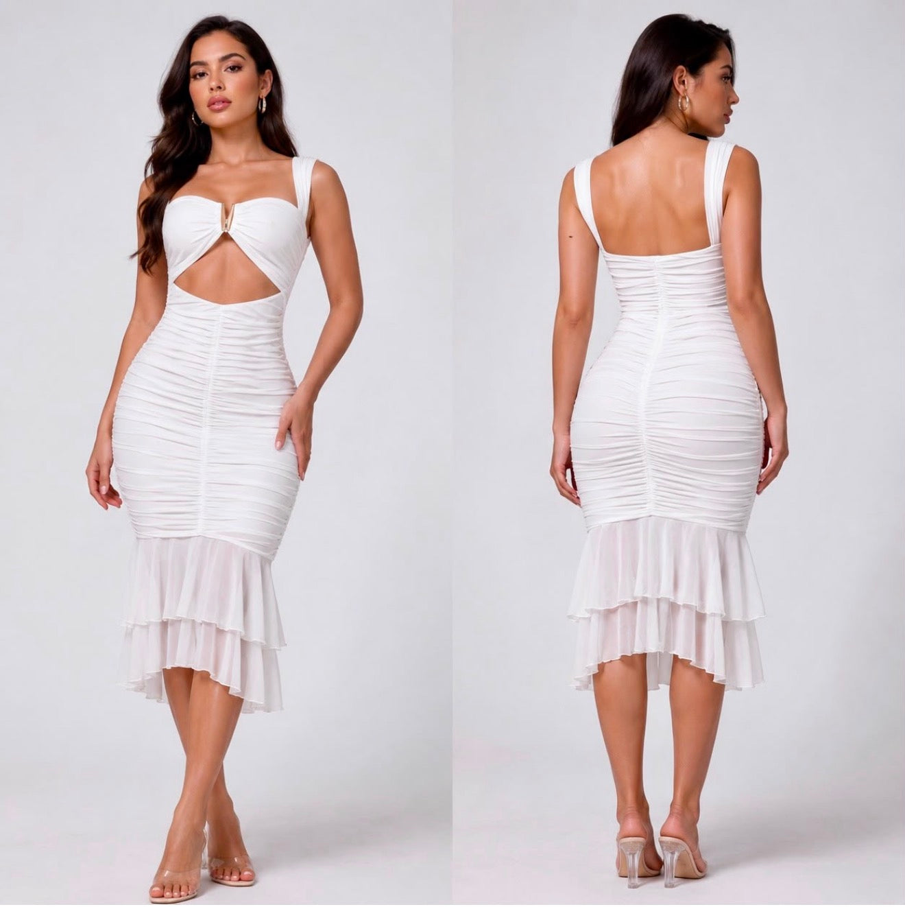 White Ruched Midi Dress with Sweetheart Neckline & Gold Hardware Detail