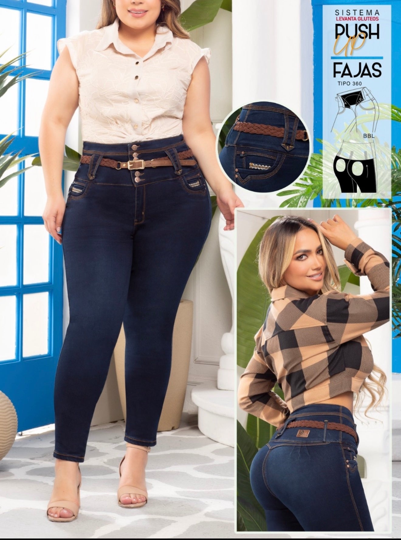 Premium Colombian Lipo Jeans with 360° Built-In Shapewear, Push-Up Effect & Braided Belt