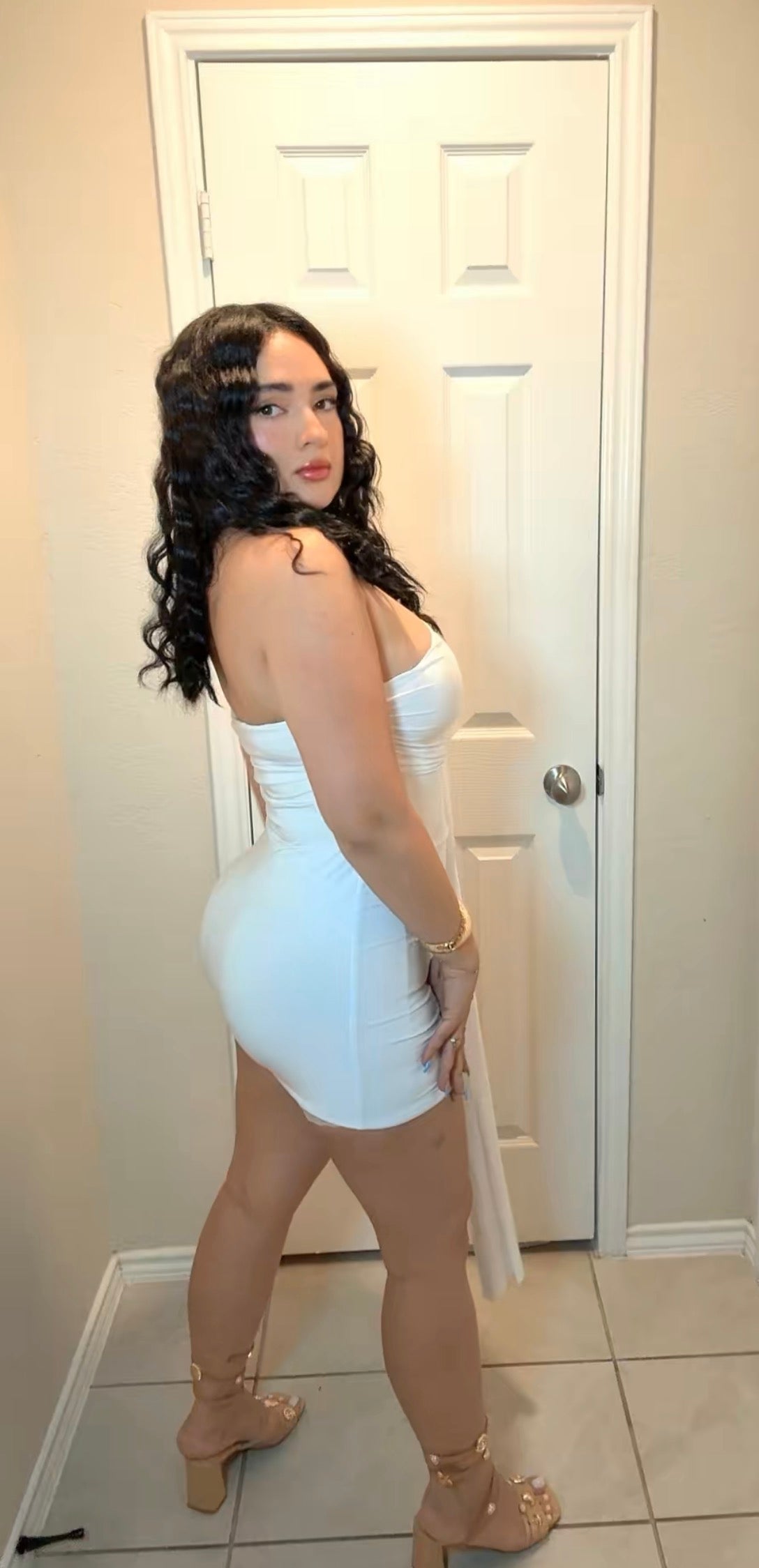 White One-Shoulder Mini Dress with Gold Hardware & Draped Detail