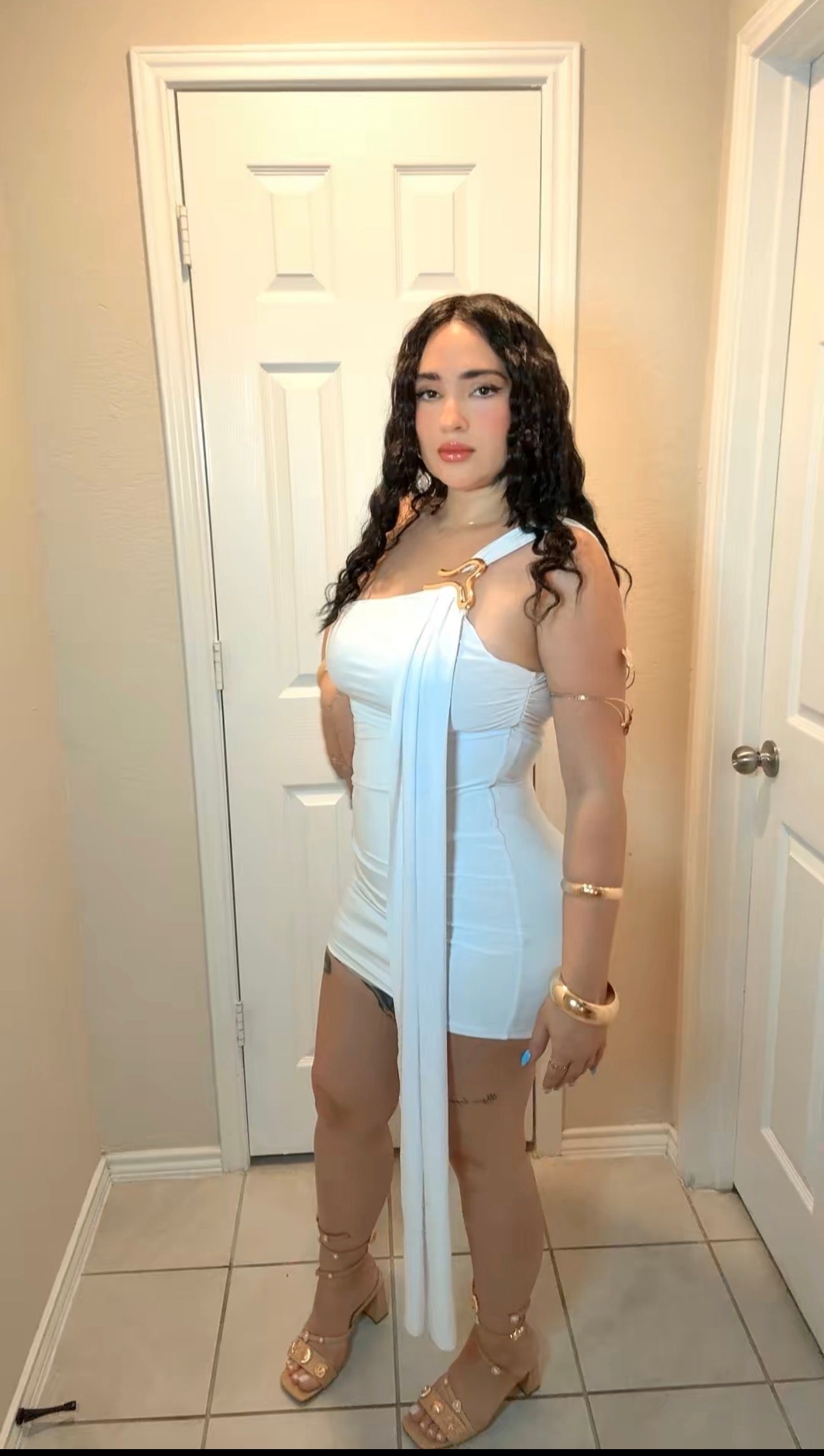 White One-Shoulder Mini Dress with Gold Hardware & Draped Detail