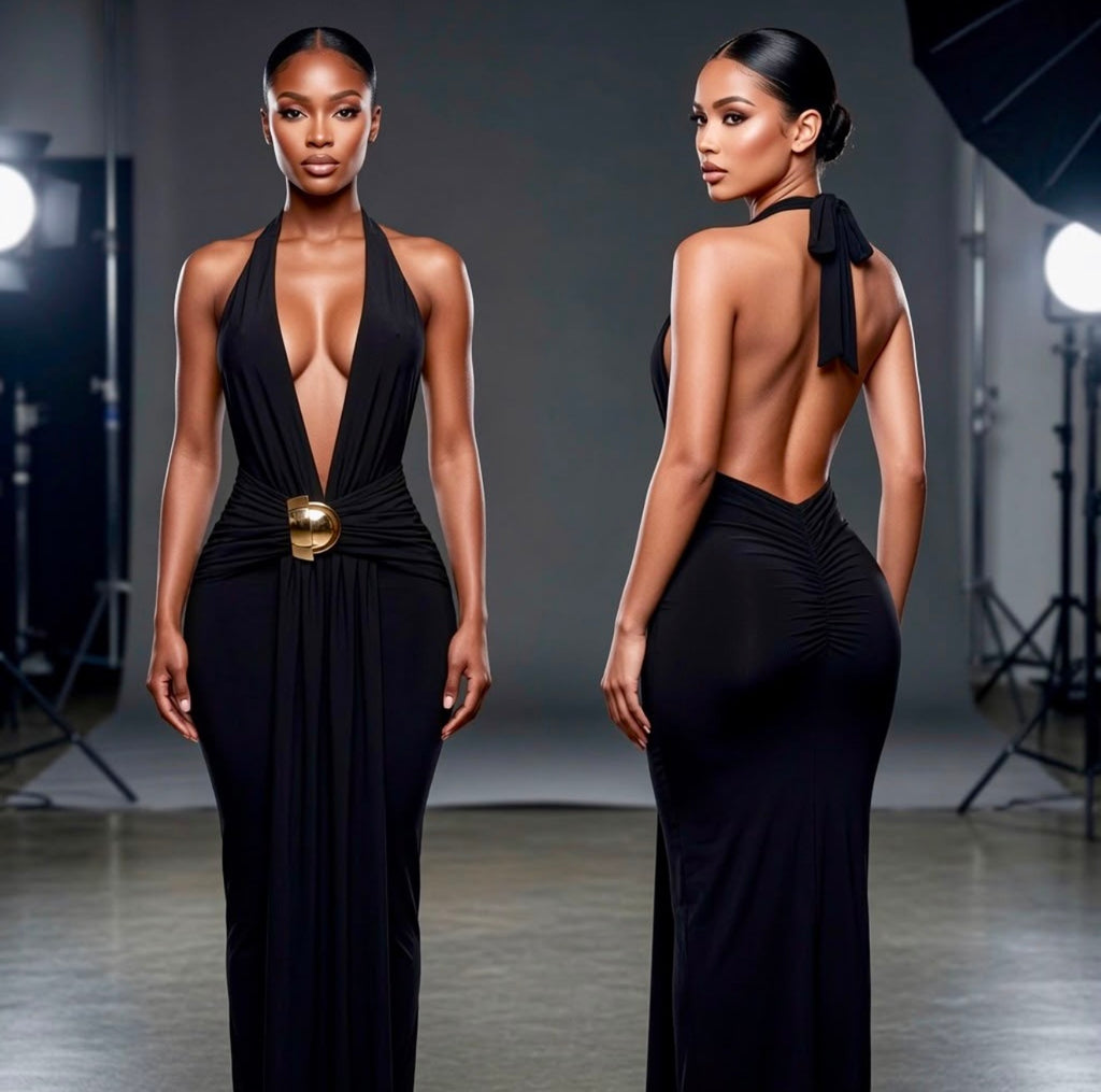Black Halter Maxi Dress with Open Back & Gold Hardware Detail