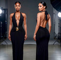 Black Halter Maxi Dress with Open Back & Gold Hardware Detail