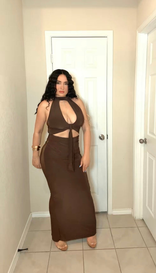 Chocolate Brown Halter Maxi Dress with Open Back & Ruched Butt-Lifting Detail