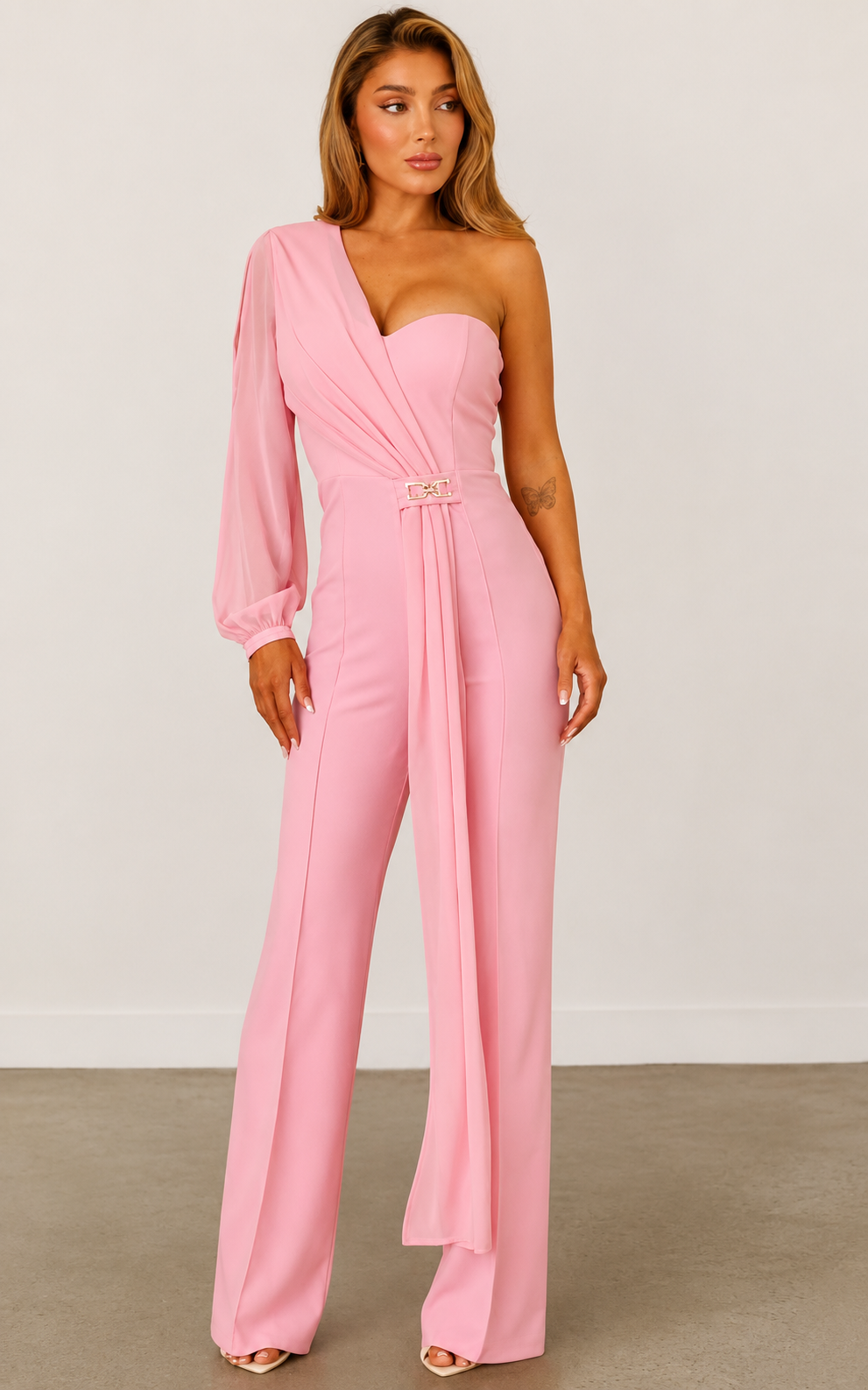 One-Shoulder Elegant Jumpsuit with Draped Detail & Wide-Leg Pants