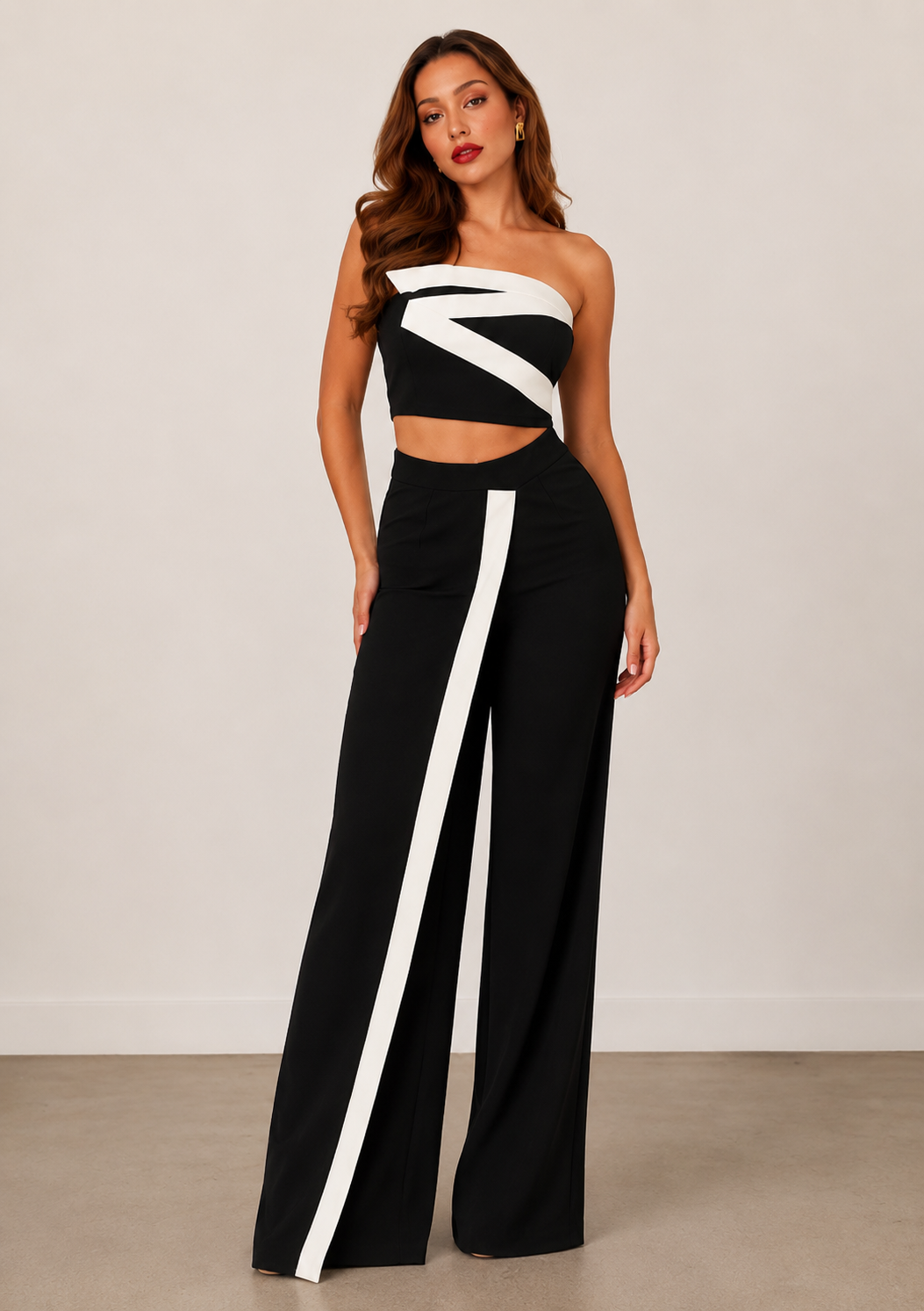 Elegant Two-Piece Set with Asymmetrical Top & Palazzo Pants