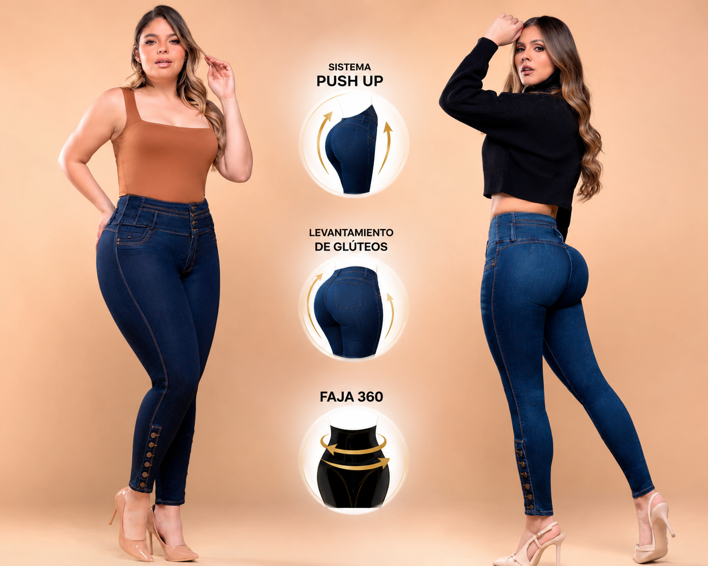 Colombian Lipo Jeans with 360° Built-In Shapewear, Push-Up Effect & Side Button Detail