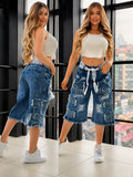 Premium Colombian Denim Bermuda Shorts with Lace & Pearl Details