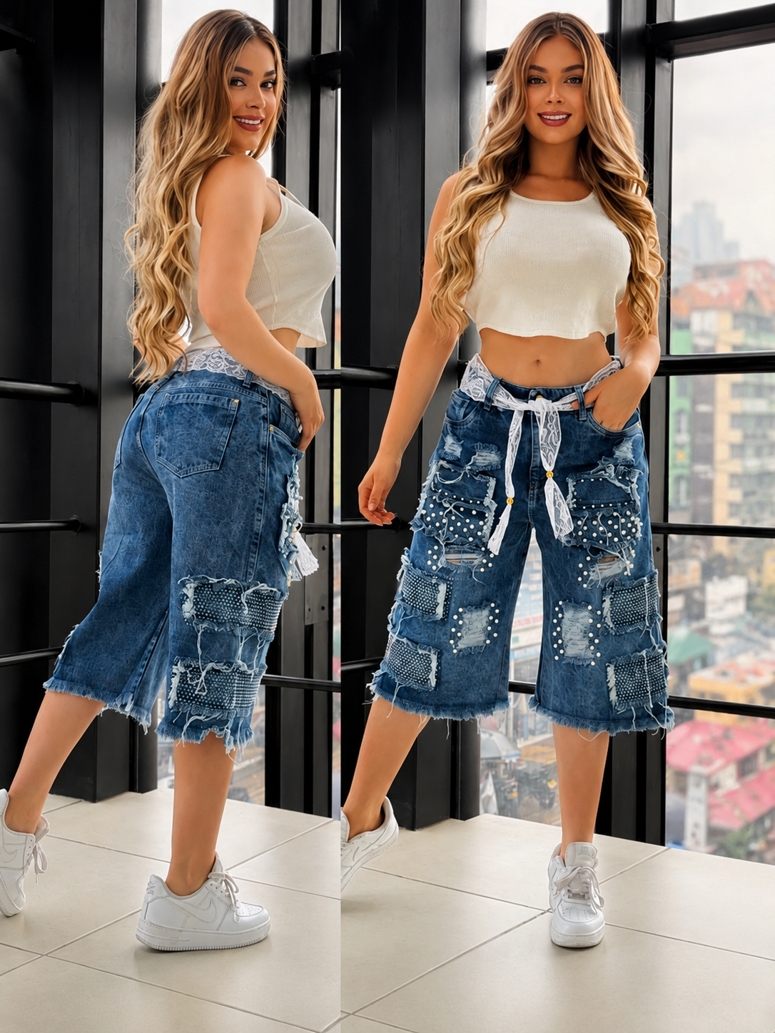 Premium Colombian Denim Bermuda Shorts with Lace & Pearl Details