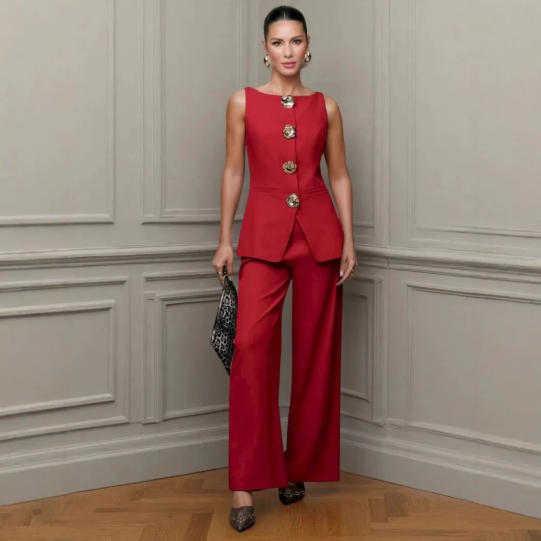 Valentina Gold Button Vest & Wide-Leg Pants Set