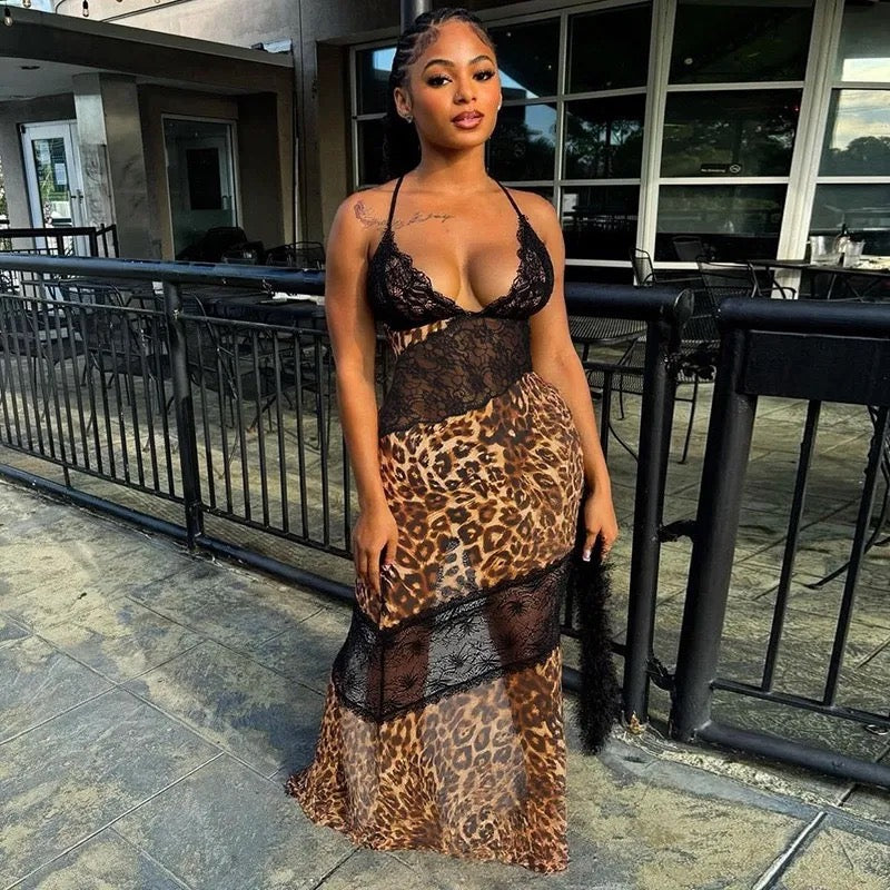 Savannah Lace & Animal Print Maxi Dress