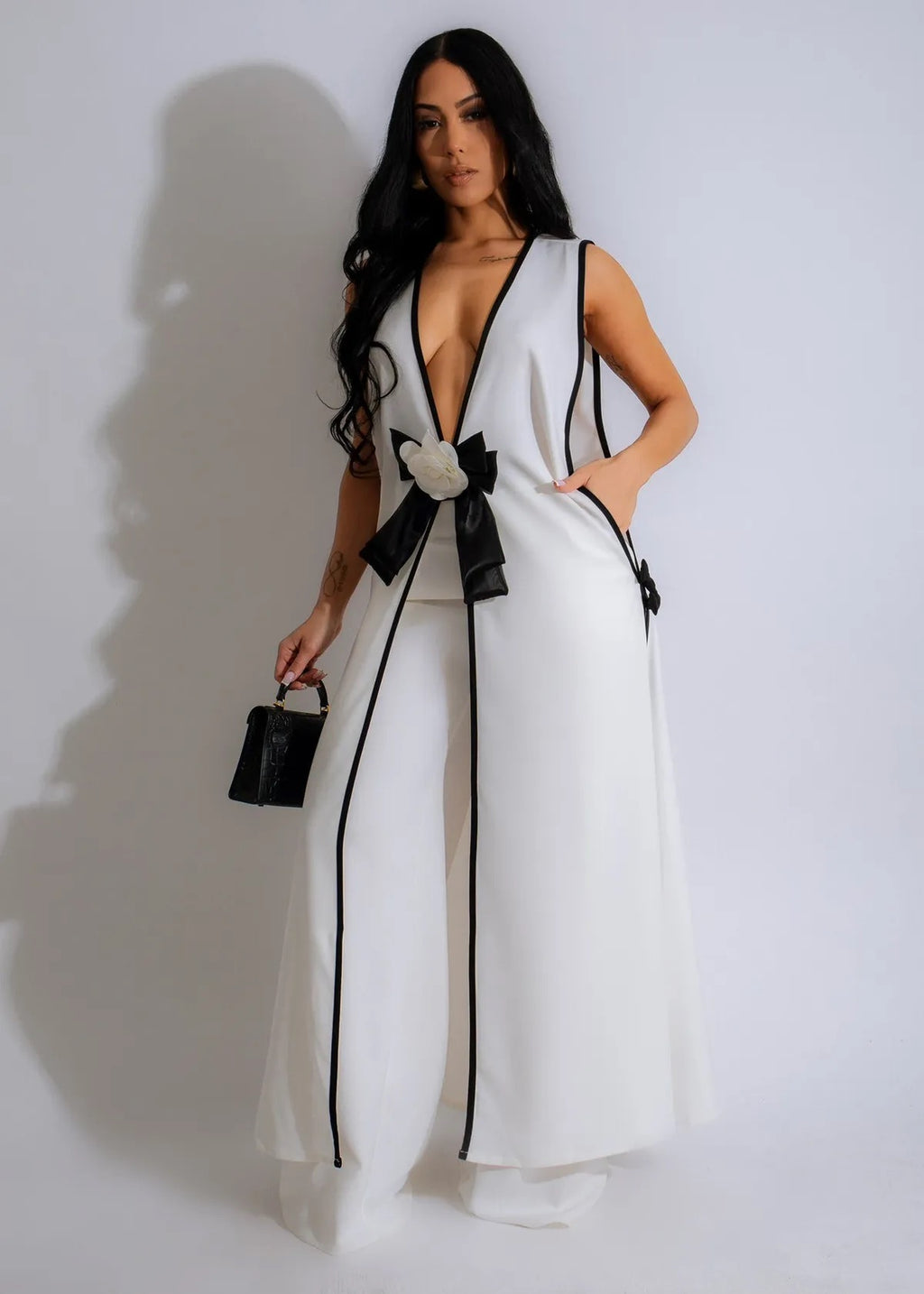 Camellia Bow Detail Vest & Wide-Leg Pants Set