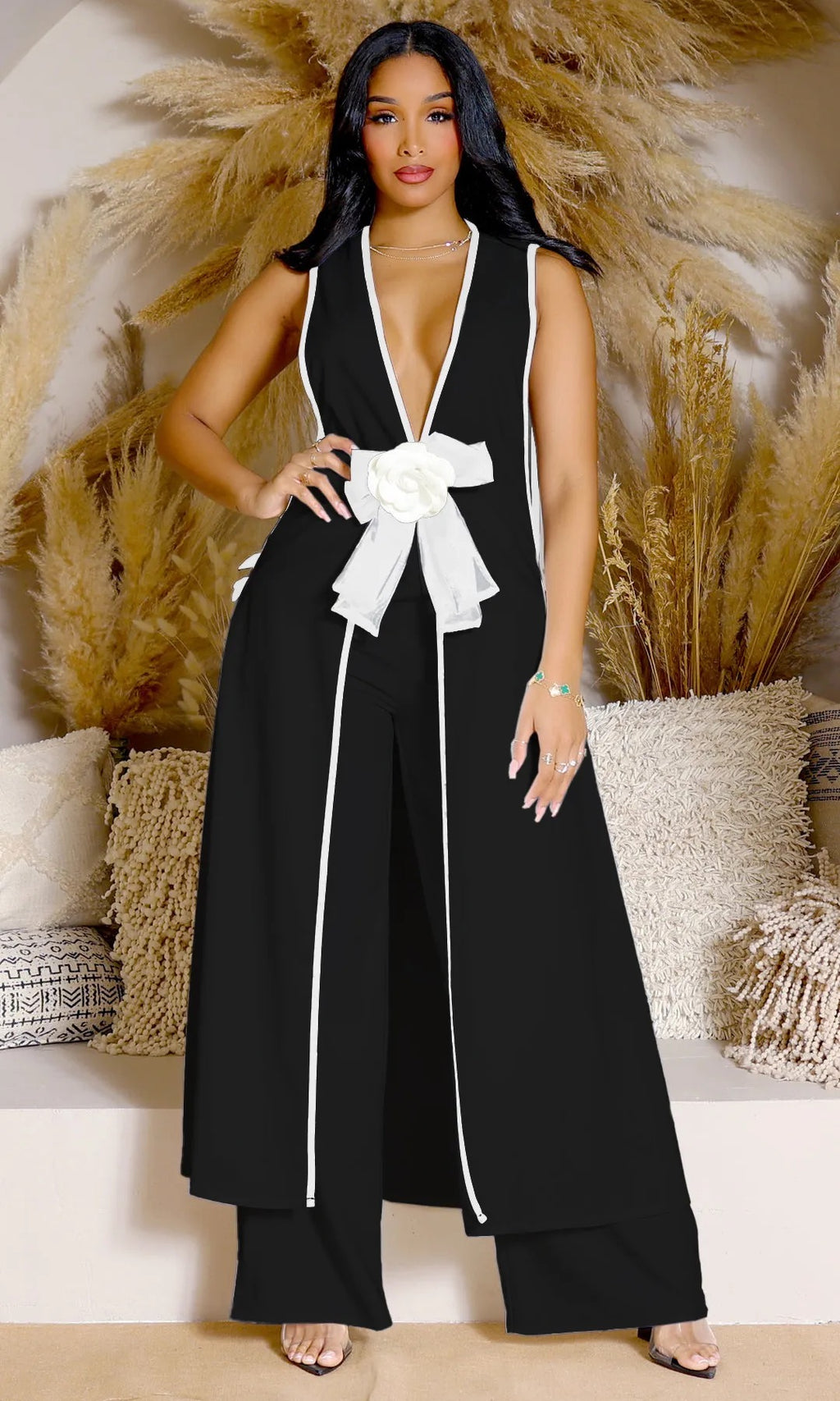 Camellia Bow Detail Vest & Wide-Leg Pants Set