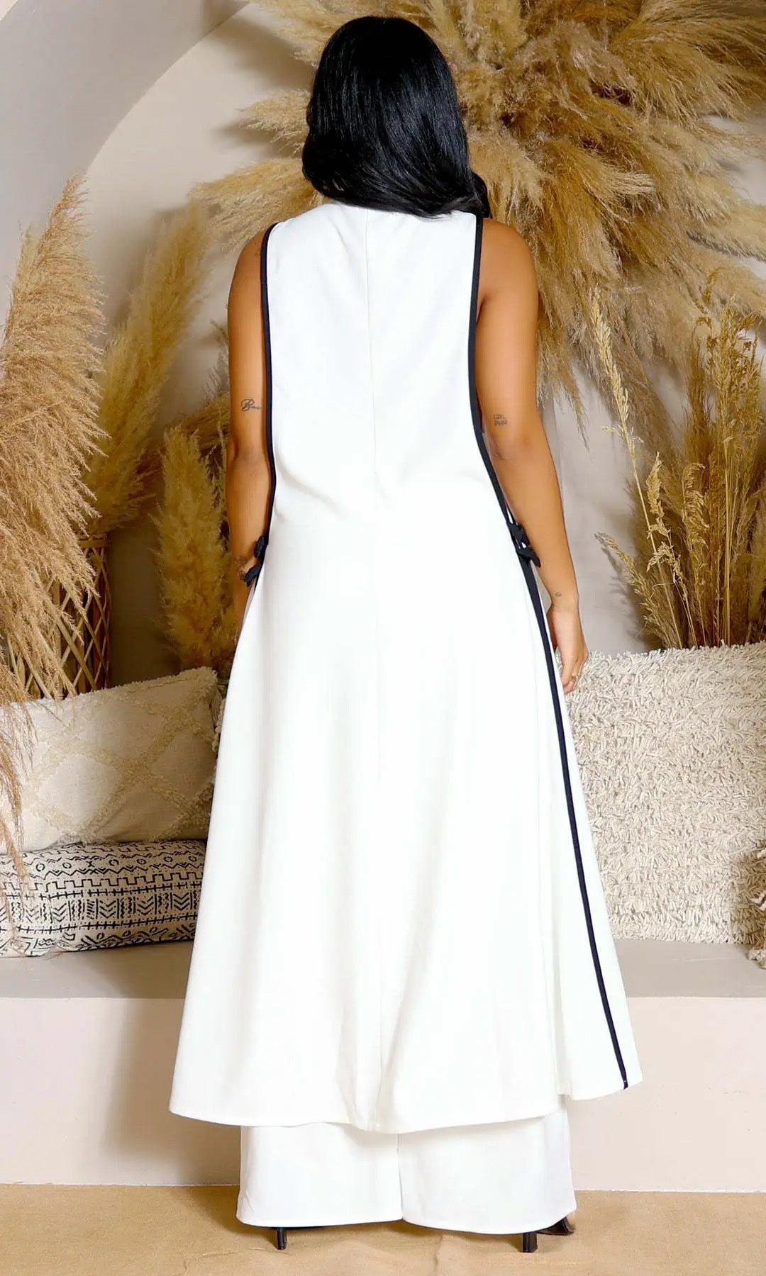 Camellia Bow Detail Vest & Wide-Leg Pants Set