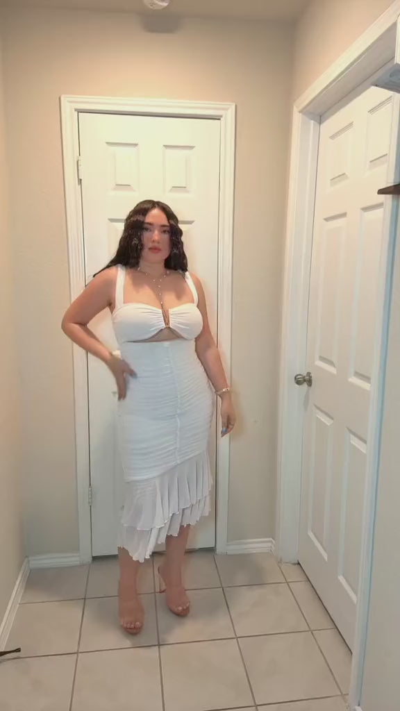 White Ruched Midi Dress with Sweetheart Neckline & Gold Hardware Detail