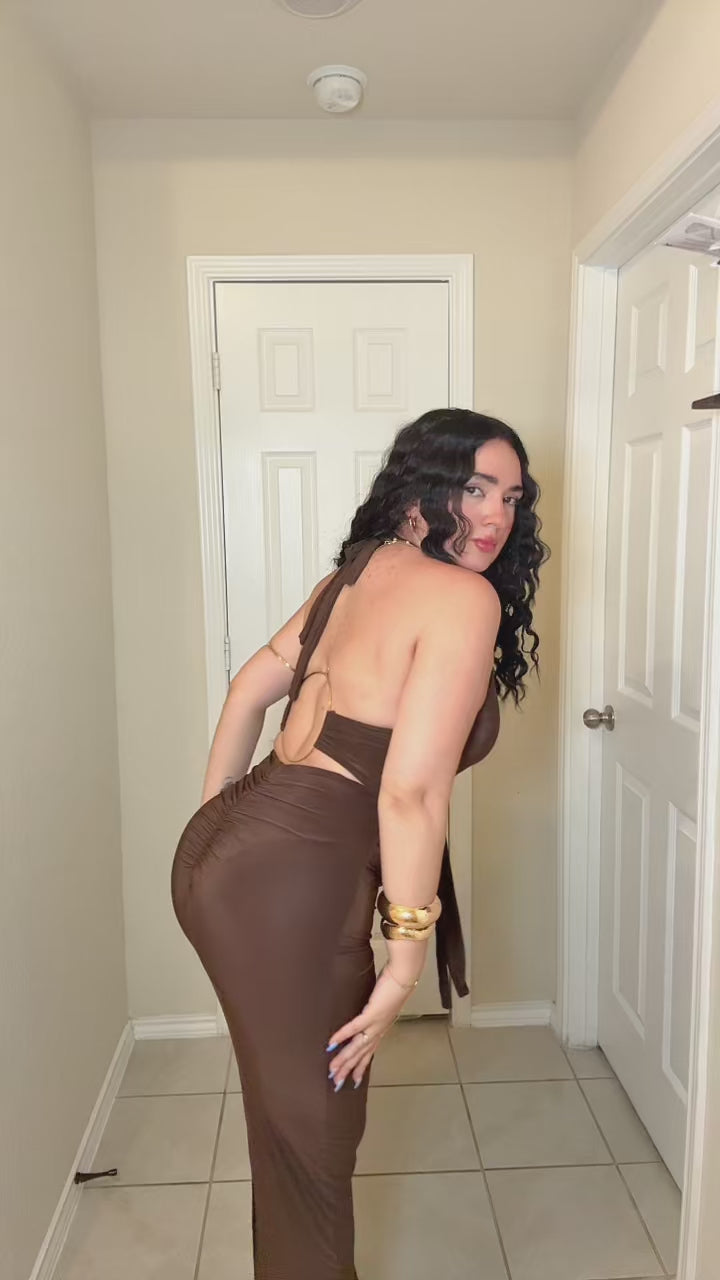 Chocolate Brown Halter Maxi Dress with Open Back & Ruched Butt-Lifting Detail