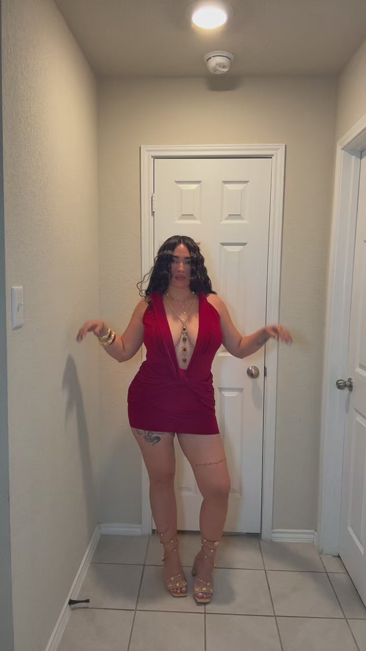 Mini Dress with Deep Plunge Neckline, Open Back & Built-In Statement Jewel Necklace